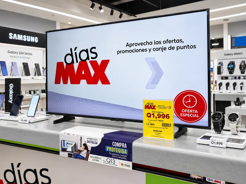 Cenefa promocional de Días MAX en una exhibición de televisores