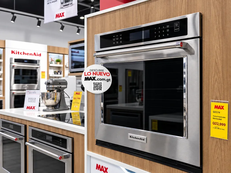 Dangler circular con un código QR de MAX junto a un horno en tienda