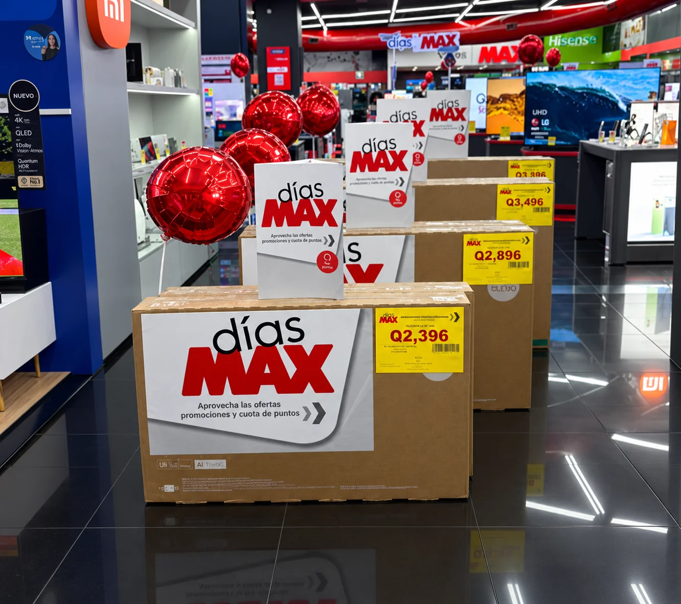 Afiches promocionales de Días MAX frente a televisores en tienda